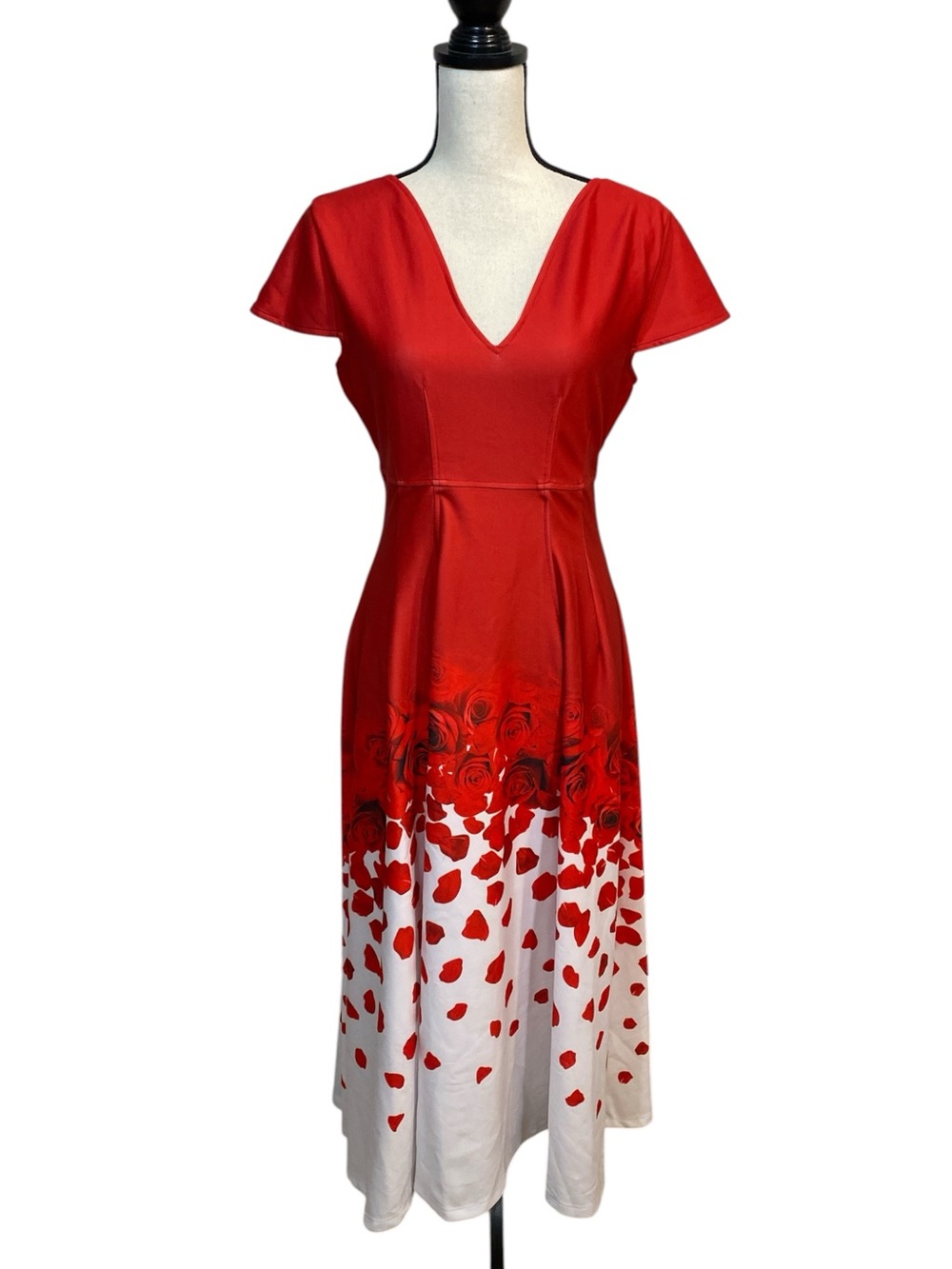 Marc Bouwer Red Rose Petal Dress Full Hi-Lo V-Neck Medium